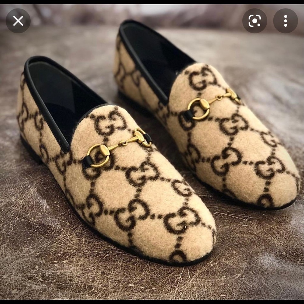 Gucci Jordaan Horsebit Wool Logo GG Print Loafers New Rare $950
